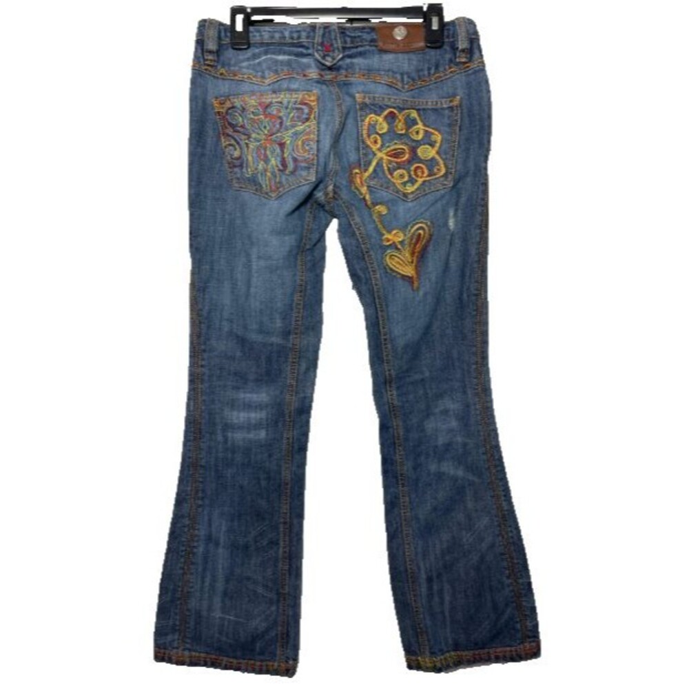 Antik Denim Y2K Flare Jeans Women Size 29 Denim Embroidered Low Rise - Picture 7 of 12
